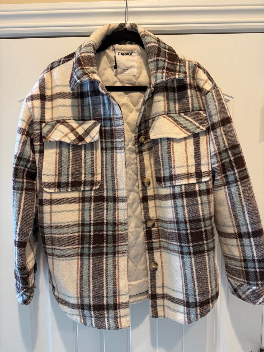 Garage Plaid Shacket in Cream, Brown and Blue
